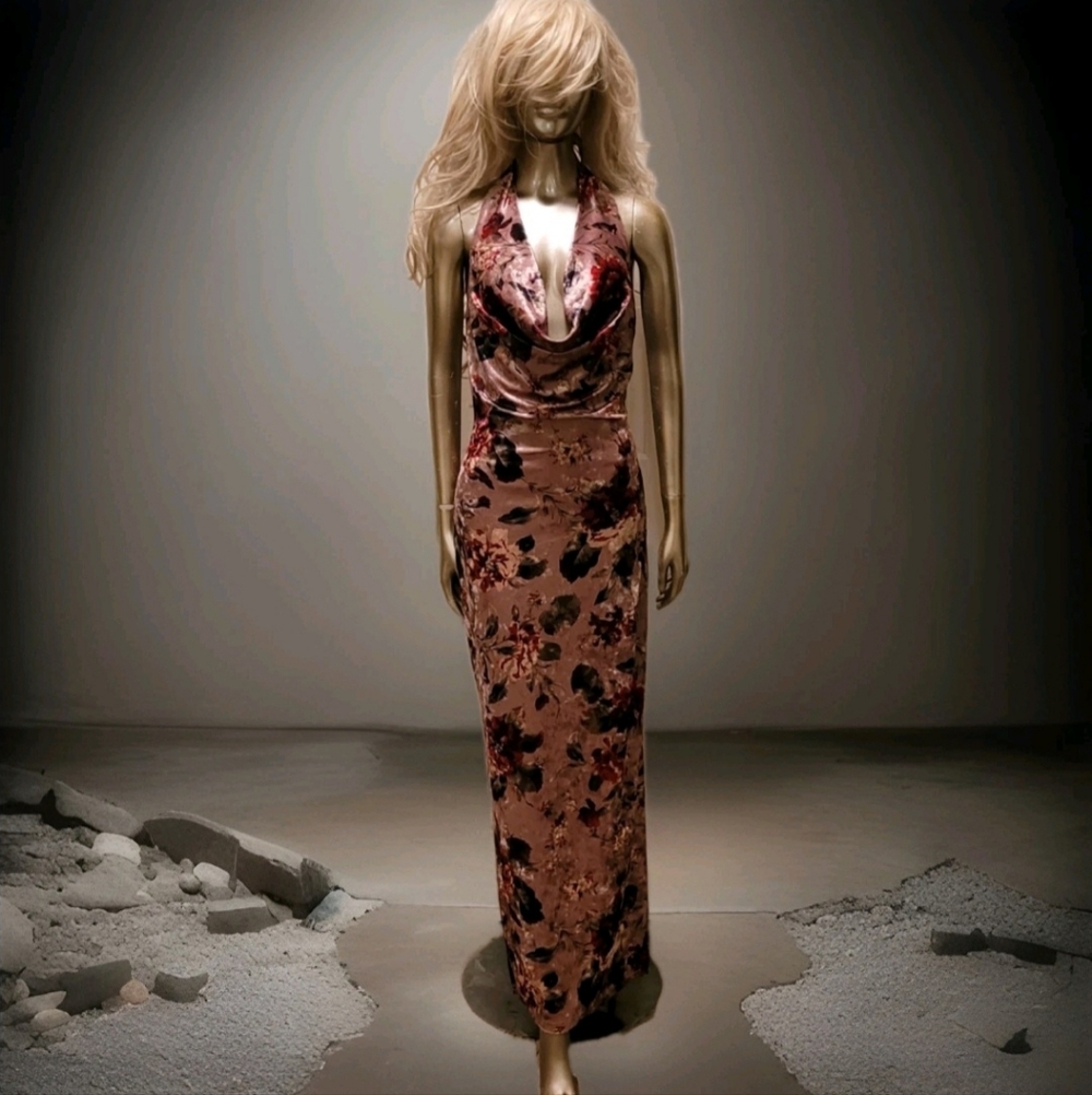 NWT Elegant Blush Floral Velvet Draped Neck Bodycon Day Maxi Dress Sz M - Picture 5 of 16